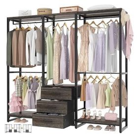 Heavy Duty Black Oak Freestanding Garment Rack Closet Wardrobe with 3 Drawers