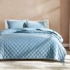 King/CAL King Size 3-Piece Blue Velvet Embroidered Super Soft Quilt Set