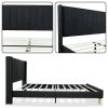 Full size Mid-Century Black Linen Platform Bed Frame with Upholstered Headboard