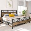 King Vintage Industrial Metal Wood Platform Bed Frame with Headboard Footboard