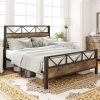 King Vintage Industrial Metal Wood Platform Bed Frame with Headboard Footboard