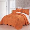 King size Orange Nectarine Damask Embroidered 4 Piece Oversized Bedspread Set