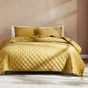 Full / Queen 3-Piece Mustard Yellow Velvet Embroidered Lavishly Soft Quilt Set