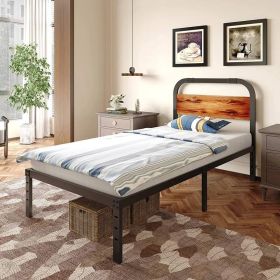 Twin XL size Heavy Duty Black Metal Bed Frame with Solid Wood Panel Headboard