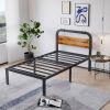 Twin XL size Heavy Duty Black Metal Bed Frame with Solid Wood Panel Headboard
