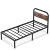 Twin XL size Heavy Duty Black Metal Bed Frame with Solid Wood Panel Headboard