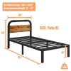 Twin XL size Heavy Duty Black Metal Bed Frame with Solid Wood Panel Headboard