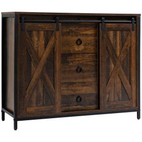HOMCOM Buffet Kitchen Cabinet, Kitchen Sideboard Cabinet with Barn Doors, 3 Drawers and Adjustable Shelves for Living Room, Rustic Brown