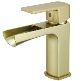 Waterfall Single Handle Single Hole Low-Arc Modern Bathroom Faucet Bathroom Drip-Free Vanity Sink Faucet in Matte Black (Color: Brushed Gold)