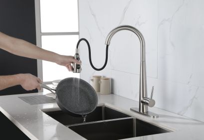 Kitchen Faucet with Pull Down Sprayer Brushed Nickel, High Arc Single Handle Kitchen Sink Faucet with Deck Plate (Color: as Pic)